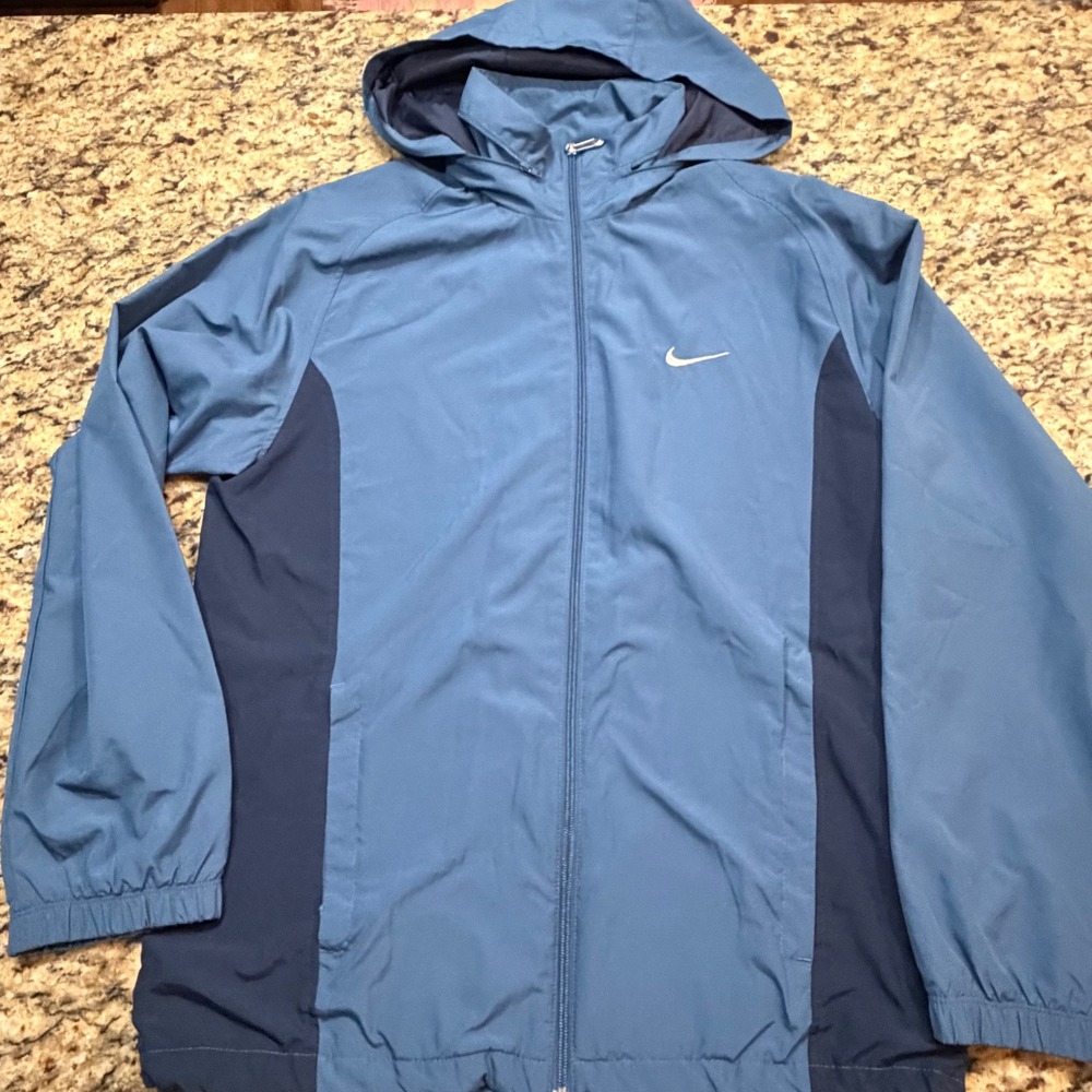 Nike Mens Full Zip Hooded Windbreaker Jacket Blue Two Tone Stowaway Hood M ws